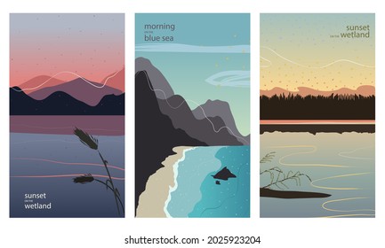 Cartes postales paysages avec coucher de soleil dans le lac, matin à la mer bleue et lever de soleil sur la zone humide. Ensemble d'arrière-plans verticaux colorés. Dessiné à la main, texturé et vectoriel à plat. 