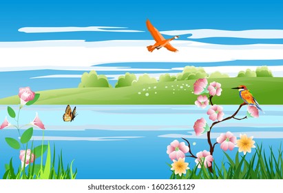 landscapes of riverside in summer.  with field, blowing tree branch, bird  in foliage. Pretty landscape in summer.