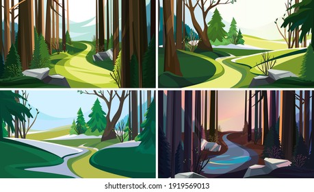 Landscapes with road in spring forest. Collection of nature sceneries.