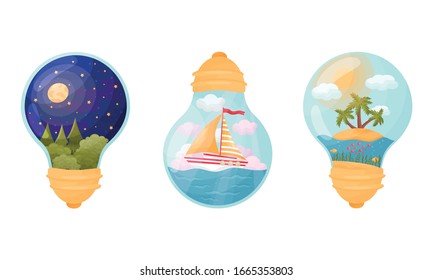 Landscapes and Scenes Inside Glass Bulb Vector Set