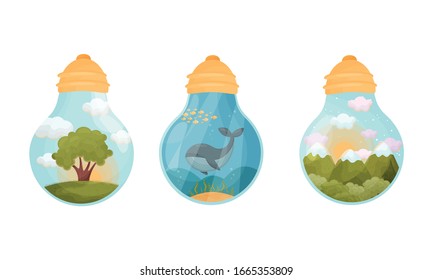 Landscapes and Scenes Inside Glass Bulb Vector Set