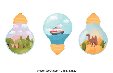 Landscapes and Scenes Inside Glass Bulb Vector Set