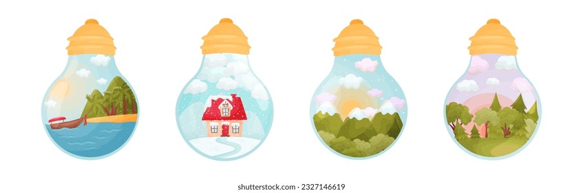 Landscapes and Scenes Inside Glass Bulb Vector Set