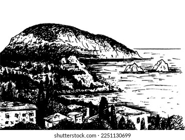 Landscapes with the sea and mountains of the Crimea. Hand-drawn illustration in vector on a white background. Suitable for design, poster, label, book,for travel and, brochures, labels, flyer decor.