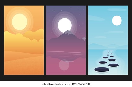 Landscapes set with mountain, river, desert. Vector illustration. Design element for flyer, brochure, web banner, poster etc