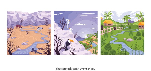 Landscapes set with three square compositions flat images of village houses mountains and drylands with animals vector illustration