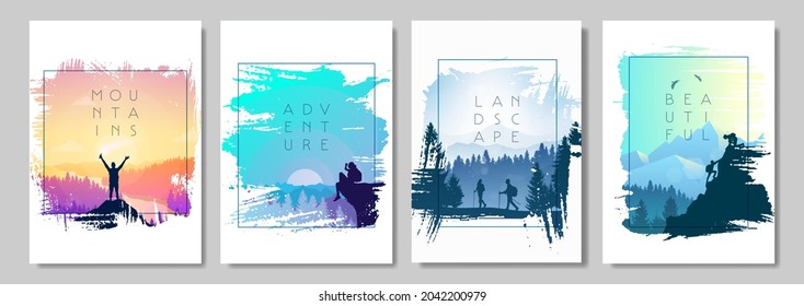 Landscapes set. Travel concept of discovering, exploring, observing nature. Hiking. Adventure tourism. Man watches nature, climbing to top, friends going hike, support of friends. Vector illustration