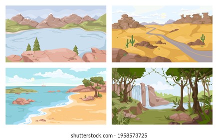 Landscapes set. Vector desert, sea and river, waterfall, sandy desert. Vector mountains and seashore, wild nature backgrounds. Green forest and coastlines, cactus and pine trees, travel adventures