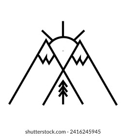 landscapes sun mountain hill with pine coniferous forest tree vector nature line solid icon logo art landscapes. illustration design hand draw web 