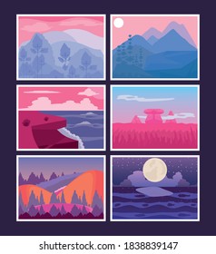 landscapes sunset night rocky ocean anture collection icons vector illustration