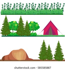 Landscapes with trees, grass, stone and a tent. Forest landscape, set of elements for illustrations