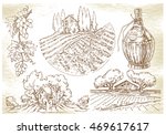 Landscapes with trees and house. Made in vintage style. Lineart on old paper background.
Wine bottle, barrels, grape basket.