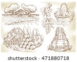 Landscapes with trees and house. Made in vintage style. Lineart on old paper background.
Wine bottle, barrels, grape basket.
