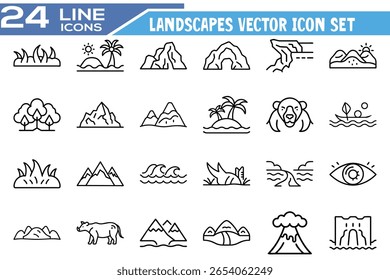 Conjunto de iconos de Vector de paisajes: Naturaleza, paisajes e iconos de arte de línea al aire libre