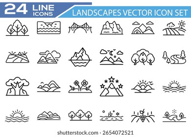Paisagens Conjunto de Ícones Vetoriais - Natureza Cênica, Montanhas, Florestas e Ícones de Linha ao Ar Livre