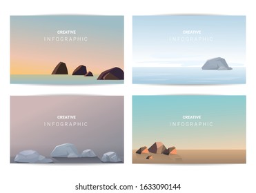 Landscapes vector set, flat style. Natural wallpapers are a minimalist, polygonal concept.
