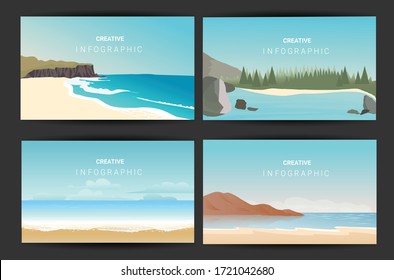 Landscapes vector set, flat style. Natural wallpapers are a minimalist, polygonal concept.