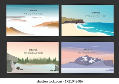 Landscapes vector set, flat style. Natural wallpapers are a minimalist, polygonal concept.