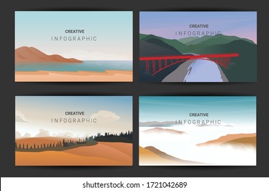 Landscapes vector set, flat style. Natural wallpapers are a minimalist, polygonal concept.