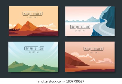 Landscapes vector set, flat style. Natural wallpapers are a minimalist, polygonal concept.