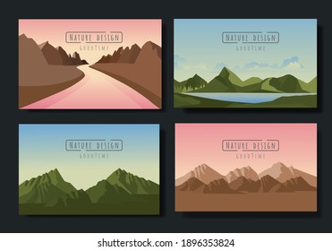 Landscapes vector set, flat style. Natural wallpapers are a minimalist, polygonal concept.