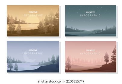 Landscapes vector set, flat style. Natural wallpapers are a minimalist, polygonal concept.