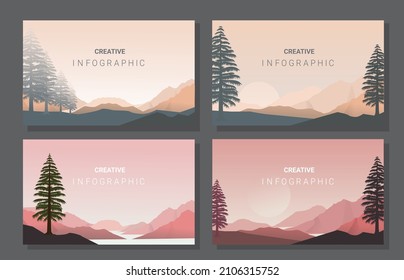 Landscapes vector set, flat style. Natural wallpapers are a minimalist, polygonal concept.