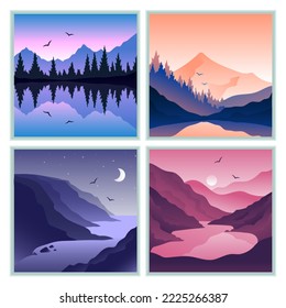 Conjunto de vectores de paisajes, de estilo plano. Los fondos de pantalla naturales son un concepto minimalista y poligonal. Paisaje montañoso con aves