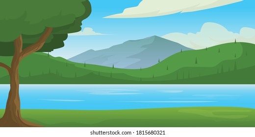 Landscapes view lake and mountain in the background Illustration
