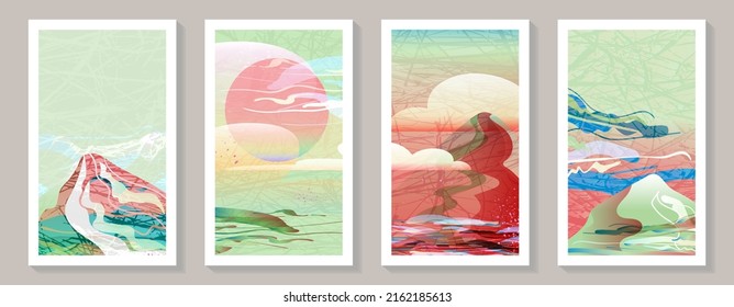 Landscapes wall art vector set. Travel to mountains of nature tones with cloud and sun on grunge texture