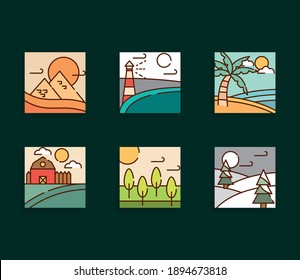 landscapes winter spring summer and desert nature cartoon, icons collection line and filled vector illustration