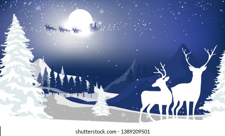 Landscapes Winter Wonderland,Vector Cartoon Of Santa Sleigh And Reindeers Flying Over Full Moon, Reindeers Family Looking At Father Christmas Sleigh Reindeers In The Sky, Merry Christmas Background