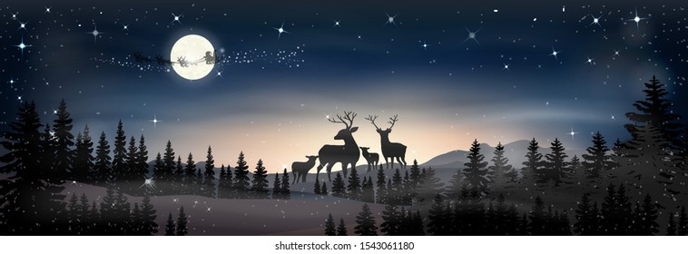 Landscapes Winter wonderland,Vector cartoon of Santa sleigh and reindeers flying over full moon, Reindeers family looking at Father Christmas sleigh Reindeers in the sky, Merry Christmas background