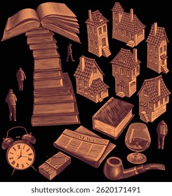 Landscape-still life. Design set. Editable hand drawn illustration. Vector vintage engraving. Isolated on black background. 8 EPS