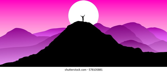 Landscape.Traveler in mountains(purple sky)