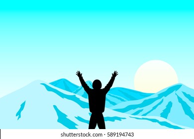 Landscape.Traveler in snow mountains(black silhouette,sun,side,day)