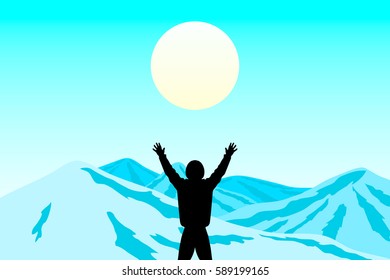 Landscape.Traveler in snow mountains(sun,front,black silhouette)