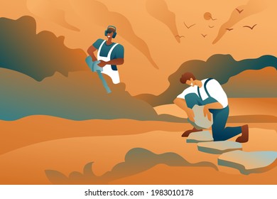 Landscaping and landscaping of the city, men in uniform take care of the garden, laying out stones, cutting bushes. A lawn mower wearing headphones, against the background of an abstract garden park.