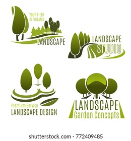Landscaping Company And Gardening Service Icon Set. Green Nature Symbol With Tree, Plant And Grass Lawn Of Eco Park Or City Garden For Landscape Design Studio And Lawn Care Service Emblem Design