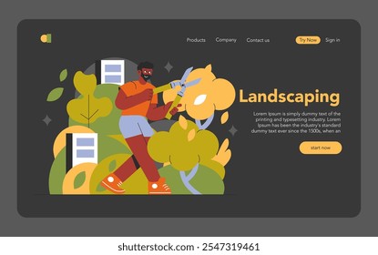 Conceito paisagístico. Jardineiro com tesouras moldando arbustos em uma interface de site com botões de navegação. Serviços de jardinagem reservas online. Ilustração vetorial.