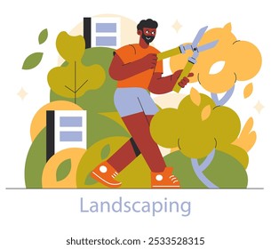 Landscaping concept. A smiling landscaper trimming lush bushes in a garden, surrounded by greenery and city elements. Vector illustration.