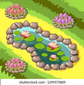 Landscaping decorative garden pond with stone border and flowers on yellow green  background isometric vector illustration