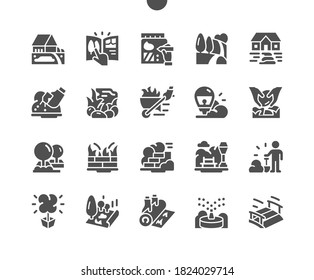 Diseño paisajístico. Hermoso jardín de cabañas. Plantas y árboles floridos sobre césped. Jardín en la casa. Iconos sólidos vectoriales. Pictograma simple