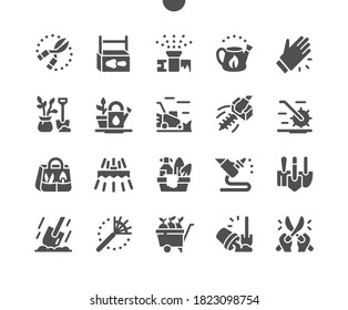 Landscaping equipment. Gardening tools and equipment. Instruments for gardener. Trimming trees and plants. Vector Solid Icons. Simple Pictogram