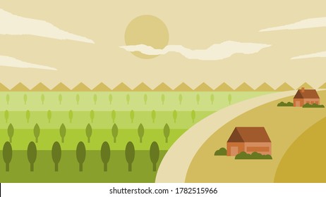 Landscaping with fields, trees, grass, mountains, houses and clouds. Simple background or illustration for eco product.