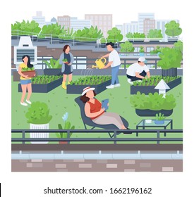 Landscaping flat color vector illustration. Urban gardening, agriculture, building roof greening. People planting seedlings, gardeners, florists 2D cartoon characters on cityscape background