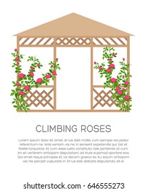 Landscaping and gardening banner, poster or brochure template with flowers flat style illustration and place for text. Vertical gardening sign. Park and garden pavilion. Outdoor decor element.