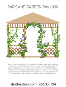 Landscaping and gardening banner, poster or brochure template with flat style illustration and place for text. Park and garden pavilion. Outdoor decor element.