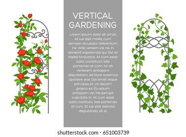 Landscaping and gardening banner, poster or brochure template with flat style illustration and place for text. Vertical gardening sign. Outdoor decor element.