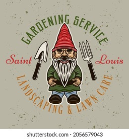Landscaping and gardening service vector vintage emblem, badge, label or logo with gnome statuette colored style on background removable grunge textures